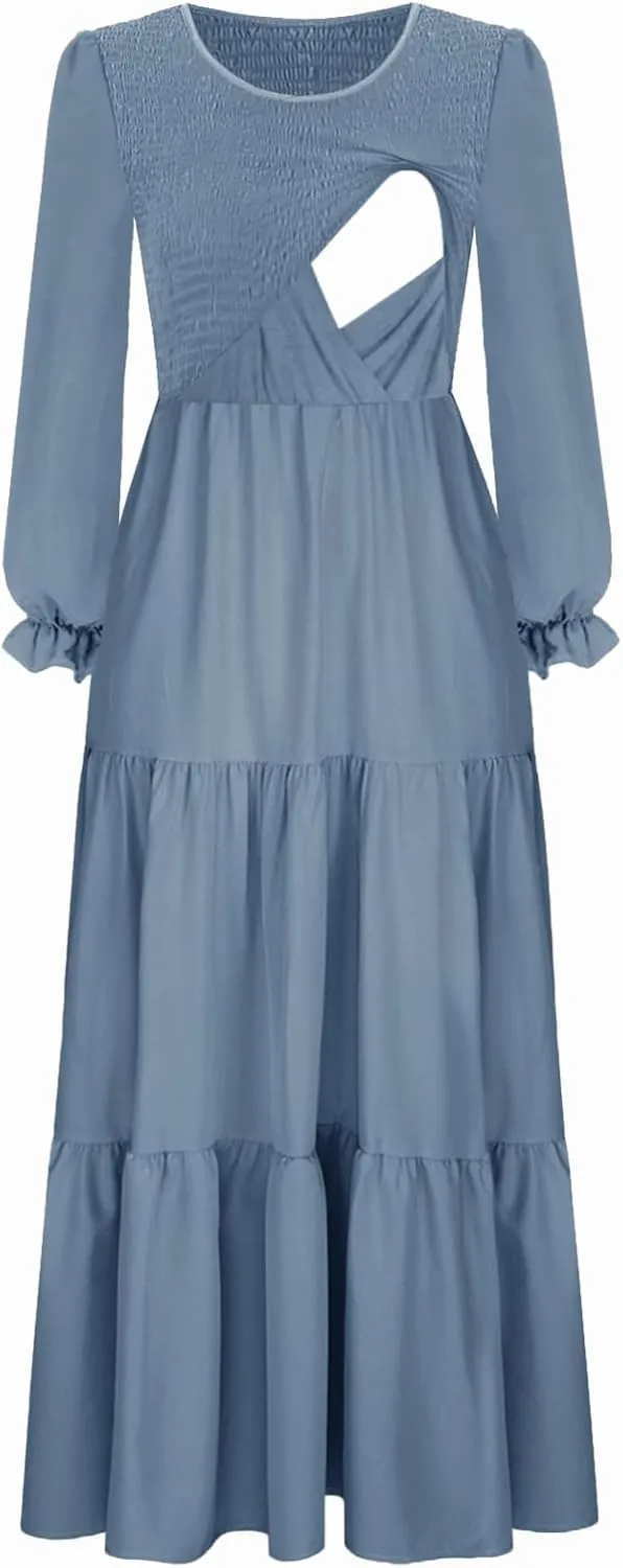 Women's Nursing Dress Flounces Long Sleeve Crew Neck Smocked Bodice Ruched Elastic Waist Tiered Midi with Pockets