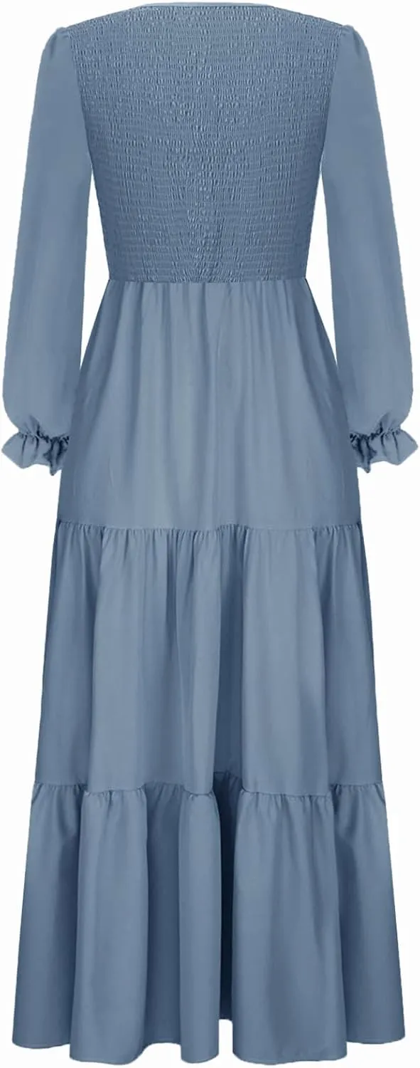 Women's Nursing Dress Flounces Long Sleeve Crew Neck Smocked Bodice Ruched Elastic Waist Tiered Midi with Pockets