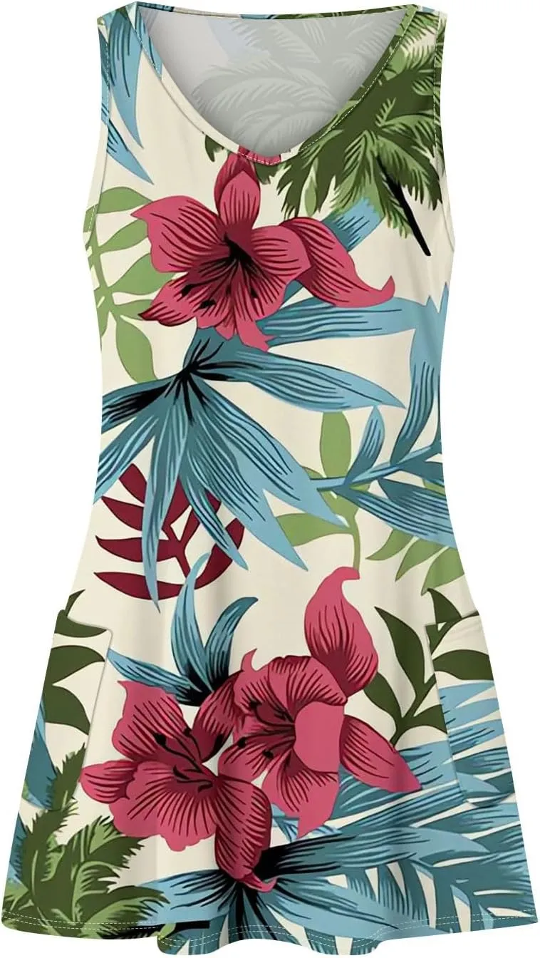 Womens Summer Dresses Printed 2025 Dress with Pocket Sleeveless Casual Swimsuit Coverup V Neck Vacation Sundress