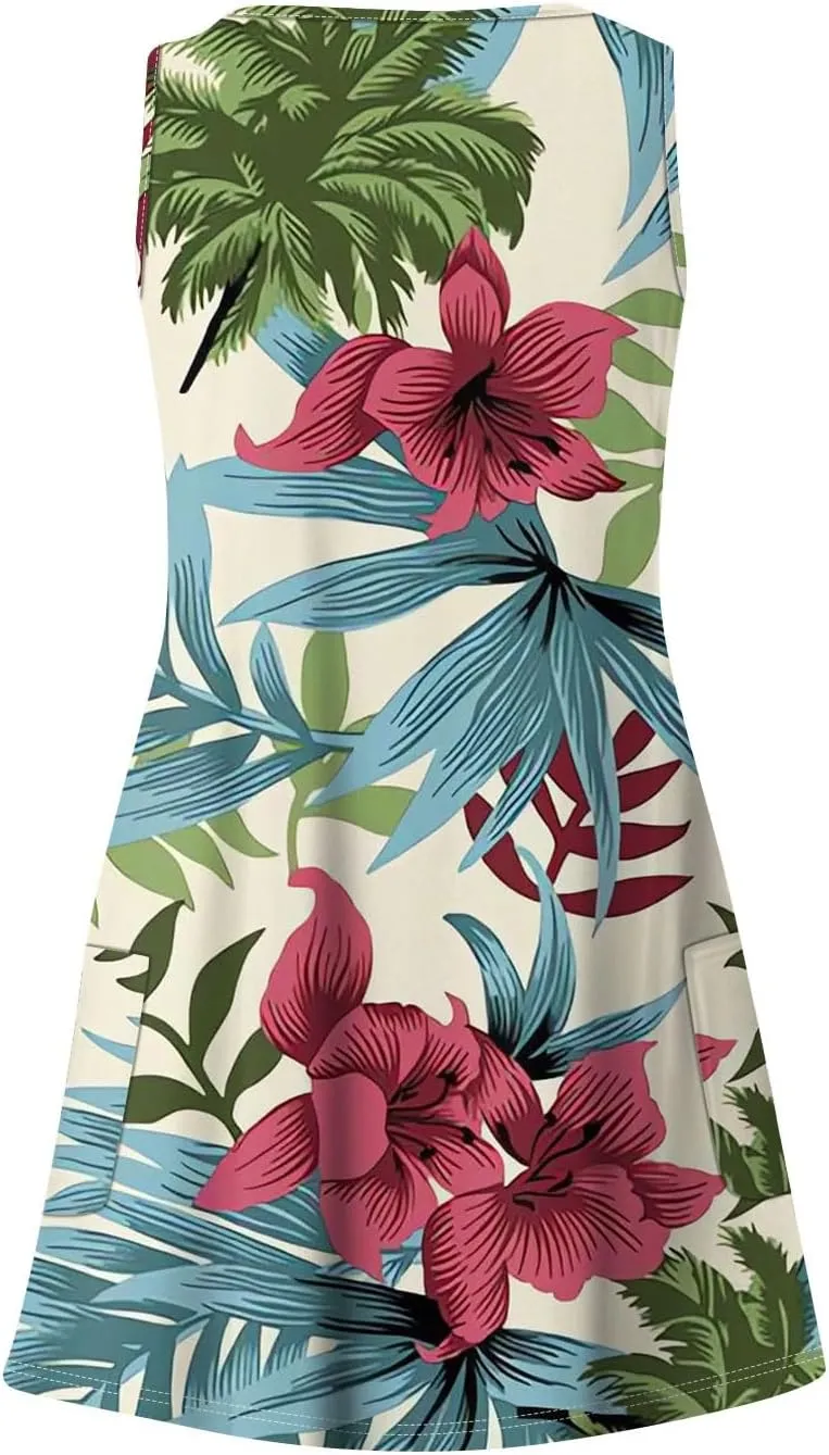 Womens Summer Dresses Printed 2025 Dress with Pocket Sleeveless Casual Swimsuit Coverup V Neck Vacation Sundress
