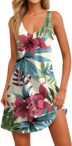Womens Summer Dresses Printed 2025 Dress with Pocket Sleeveless Casual Swimsuit Coverup V Neck Vacation Sundress