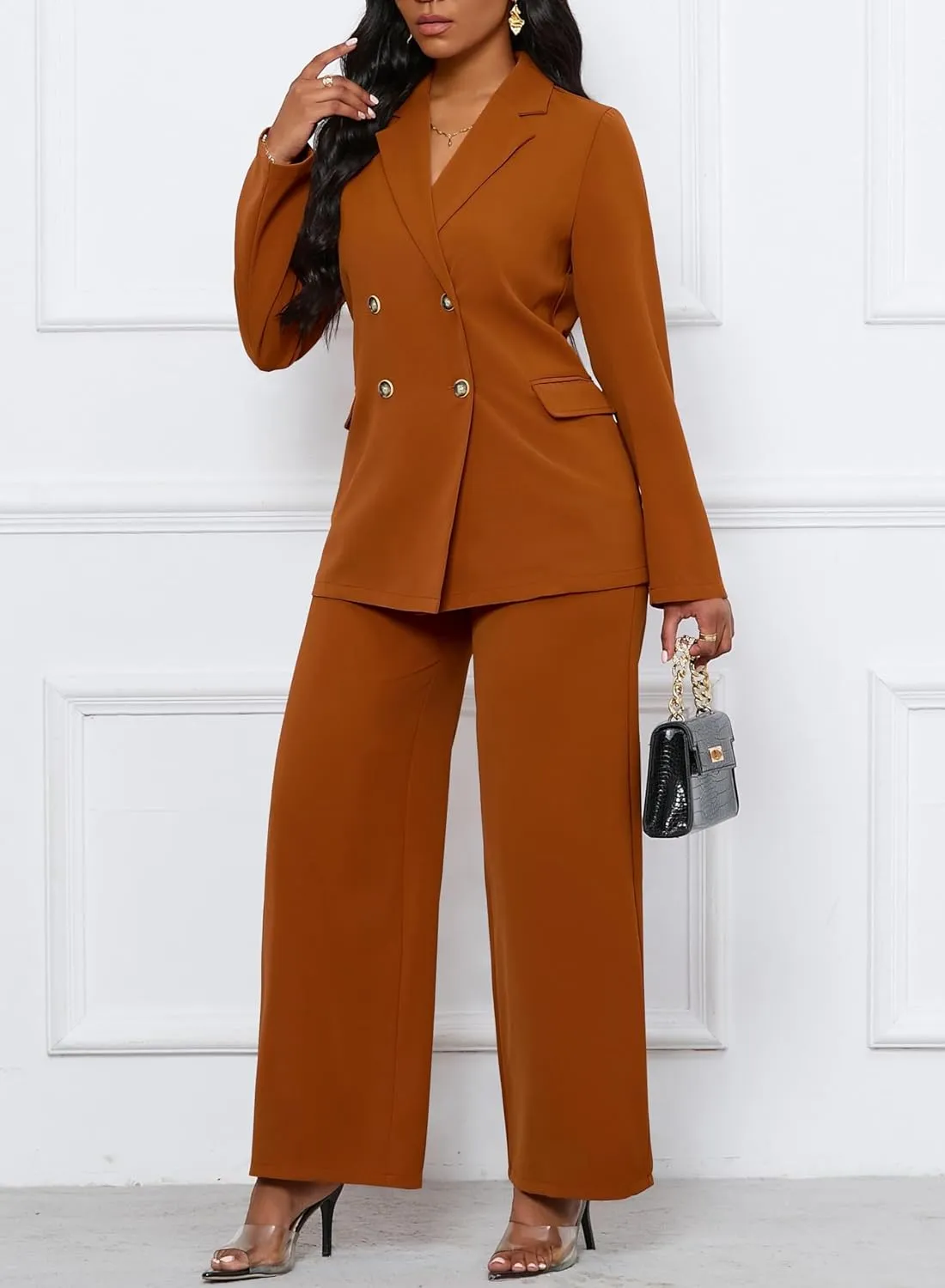 Women's Two Piece Outfits Casual Blazer Jacket Wide Leg Work Pants Business Suit Sets with Pocket
