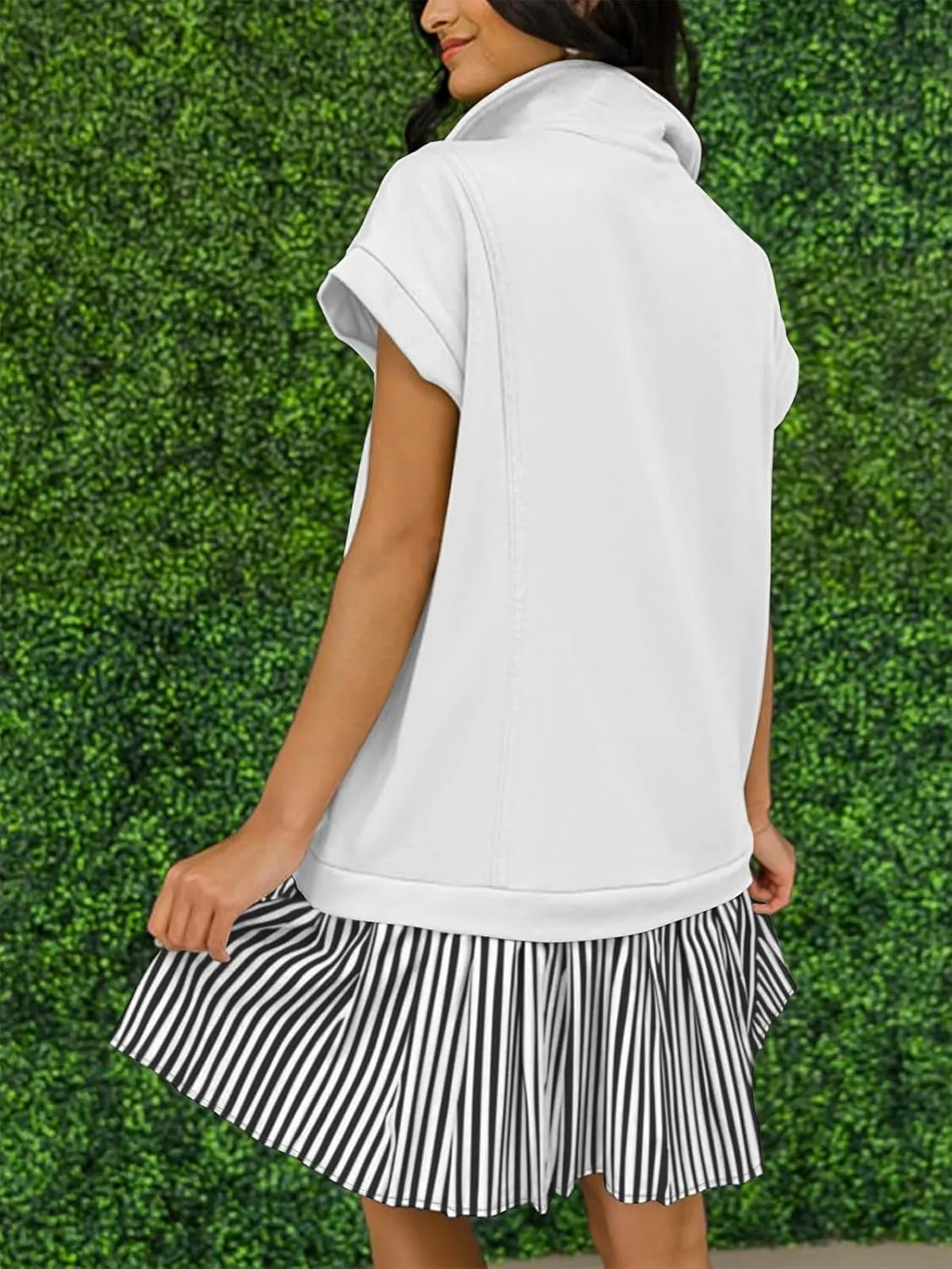 Women's V Neck Short Sleeve Summer Dress Patchwork Cap Sleeve Casual Loose Fit Pleated Striped Shirt Dress with Pockets