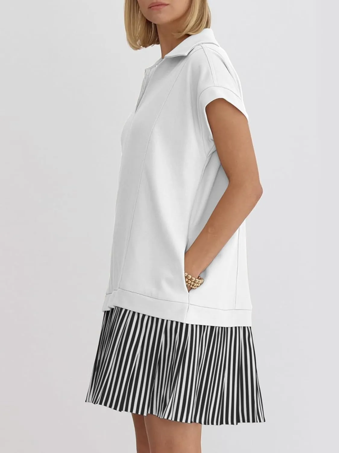 Women's V Neck Short Sleeve Summer Dress Patchwork Cap Sleeve Casual Loose Fit Pleated Striped Shirt Dress with Pockets