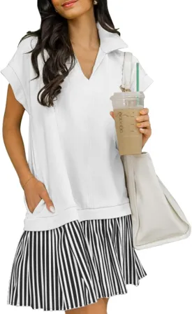 Women's V Neck Short Sleeve Summer Dress Patchwork Cap Sleeve Casual Loose Fit Pleated Striped Shirt Dress with Pockets