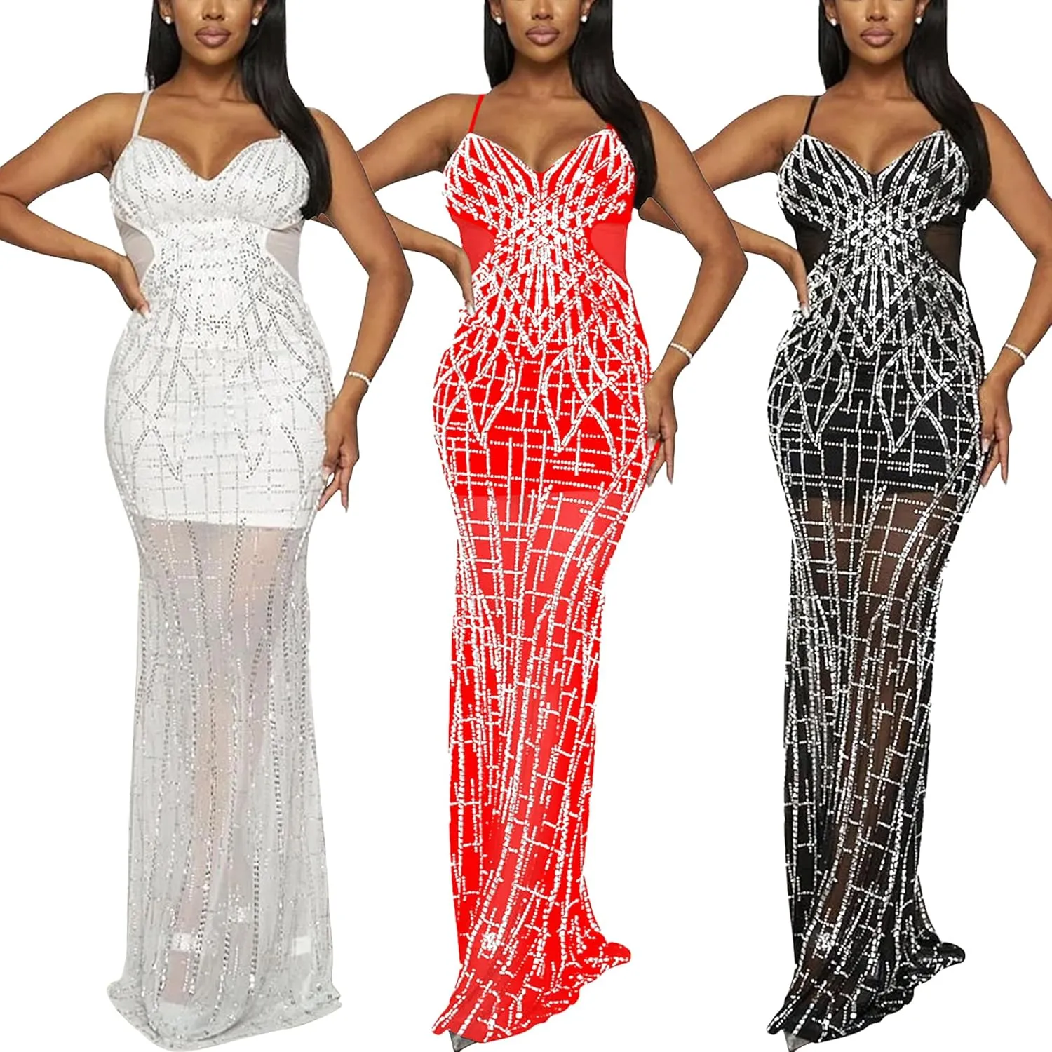 Zoctuo Women's Sexy Rhinestone Sleeveless Birthday Party Club Outfit Mesh See Through Bodycon Maxi Formal Evening Dress