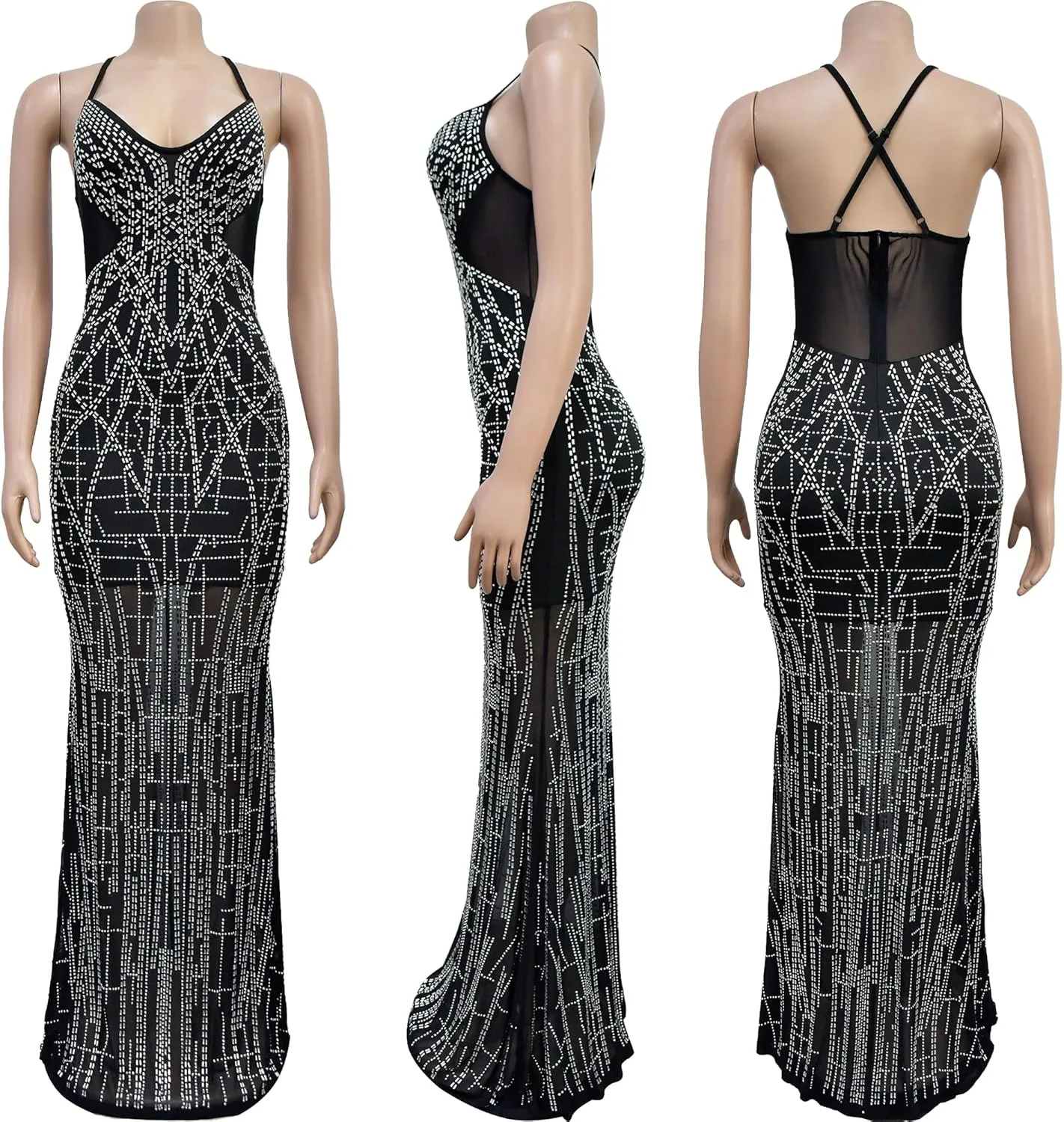 Zoctuo Women's Sexy Rhinestone Sleeveless Birthday Party Club Outfit Mesh See Through Bodycon Maxi Formal Evening Dress