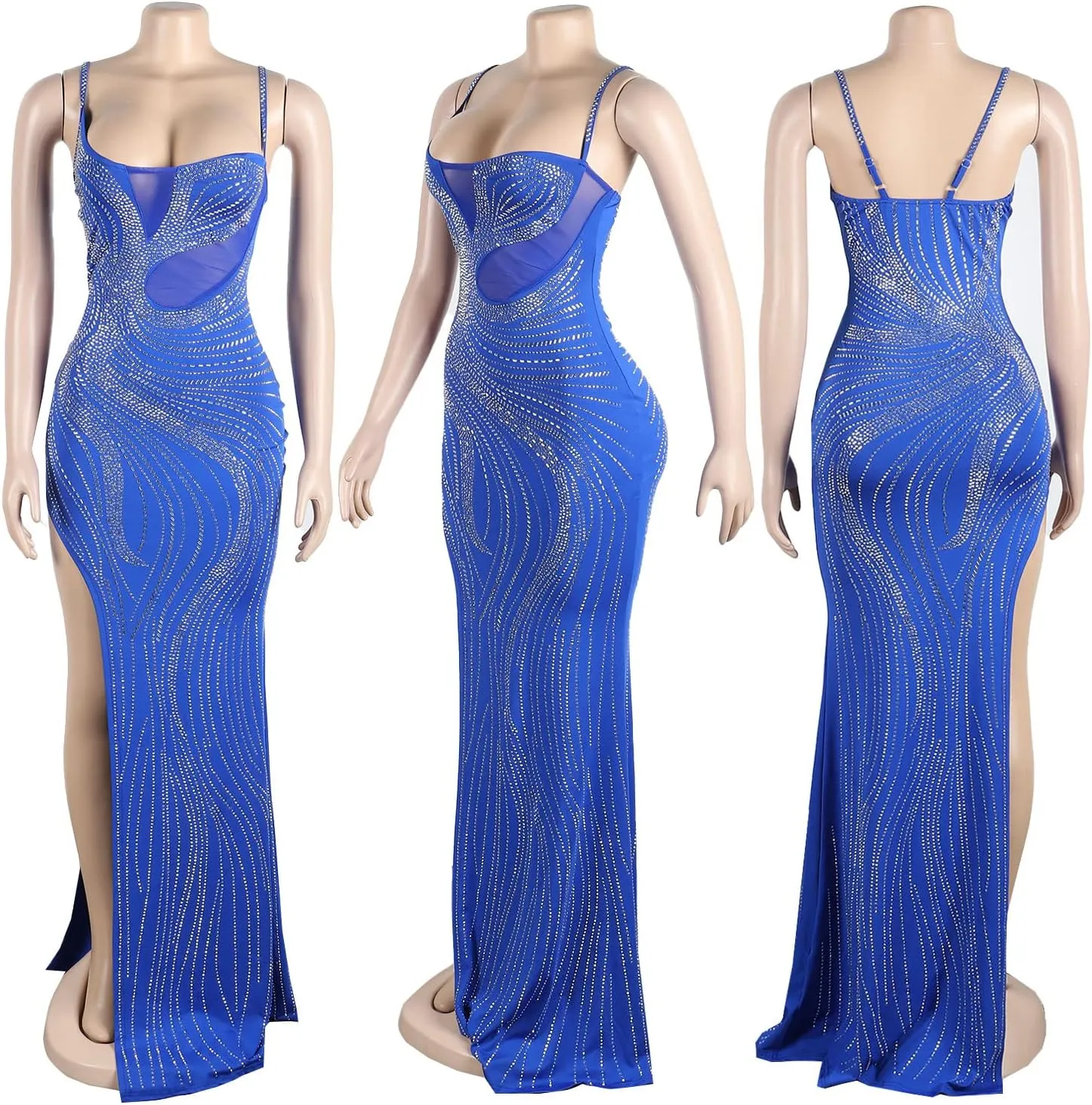 Zoctuo Women's Sexy Rhinestone Sleeveless Birthday Party Club Outfit Mesh See Through Bodycon Maxi Formal Evening Dress