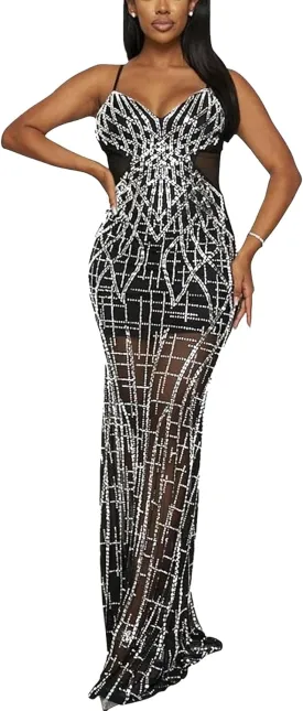 Zoctuo Women's Sexy Rhinestone Sleeveless Birthday Party Club Outfit Mesh See Through Bodycon Maxi Formal Evening Dress